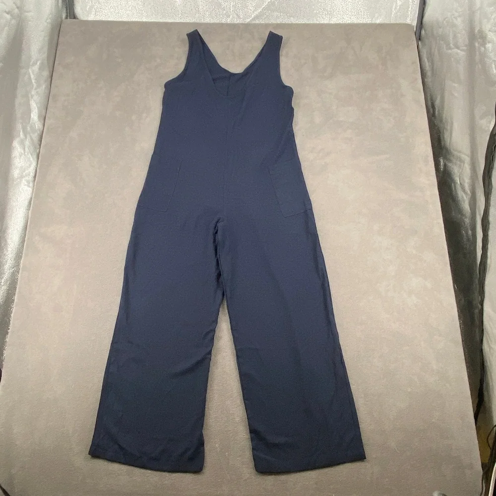 Navy Blue Wide Leg Sleeveless V-Neck Jumpsuit‎ with Pockets M1H143 Small